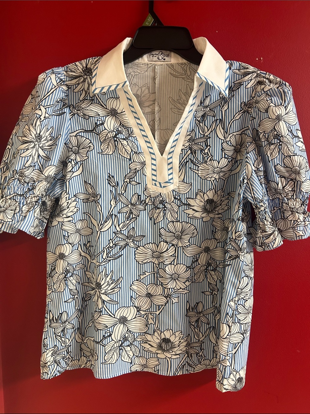 Floral Stripe V-Neck Top in Light Blue & White Boutique sz med New Without tag